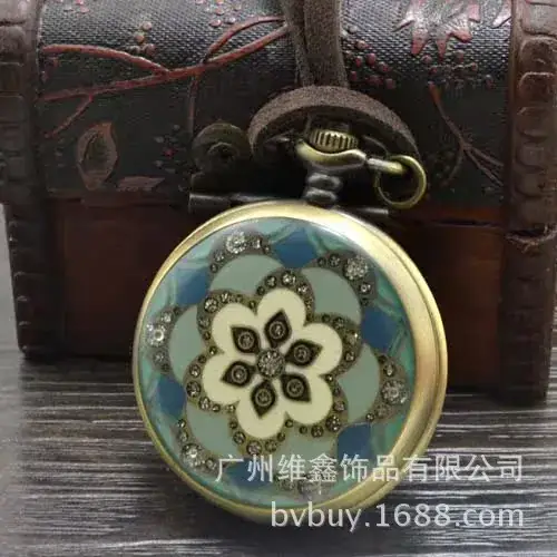 Retro Glue Flower Hanging Chain Pocket Watch with Diamond Petals Dot Diamond Export Bronze Wholesale 4.5cm — feature 22