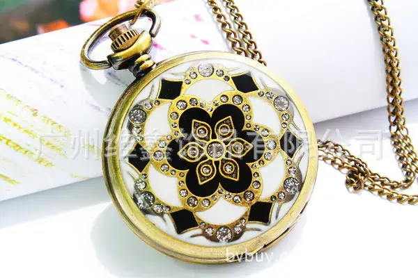 Retro Glue Flower Hanging Chain Pocket Watch with Diamond Petals Dot Diamond Export Bronze Wholesale 4.5cm — feature 6
