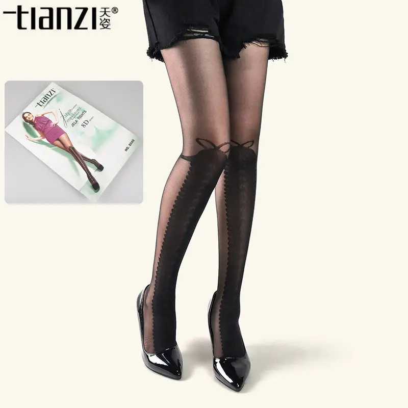 Tianzi 8D Spring and Summer Thin Silk Socks Fake High Boots Jacquard Bow Pantyhose 8549 Sexy Black Silk Stockings - Image 3