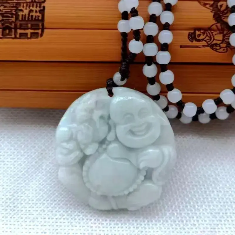 Vintage Jade Guan Gong Laughing Buddha Necklace Pendant - Image 2