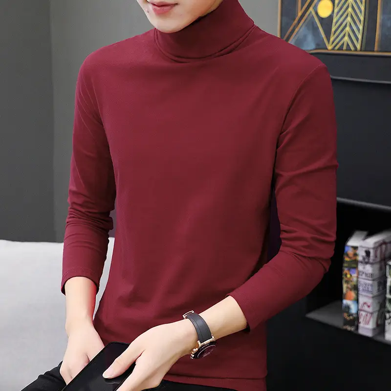 Men's Maroon High Collar Long Sleeve T-Shirt