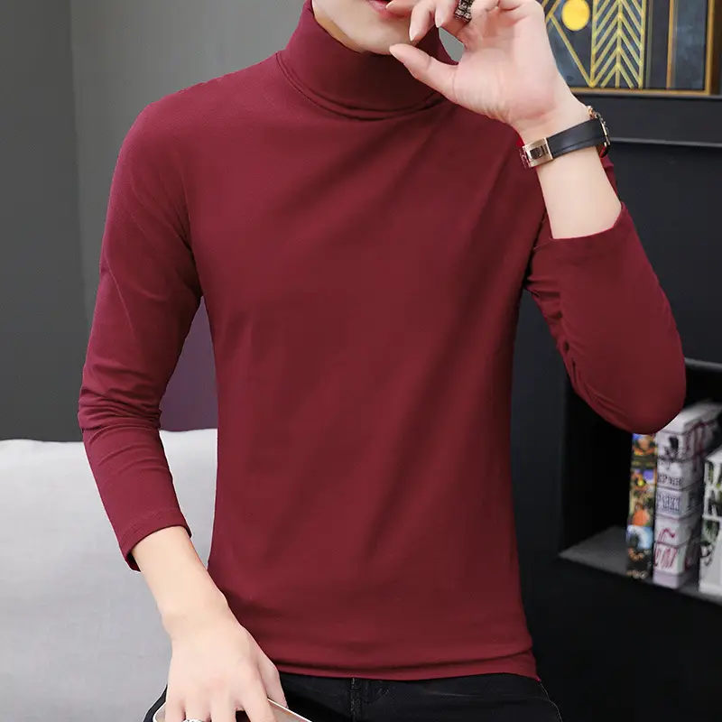 Men's Maroon High Collar Long Sleeve T-Shirt
