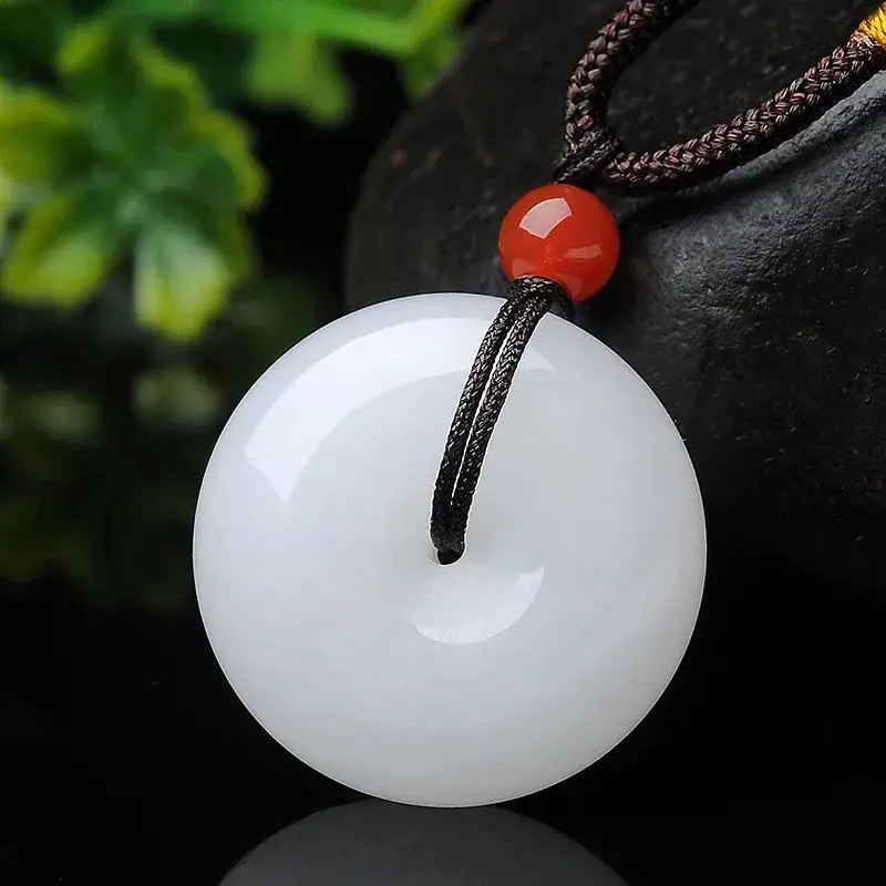 Xinjiang White Jade Peace Buckle Pendant Gold Silk