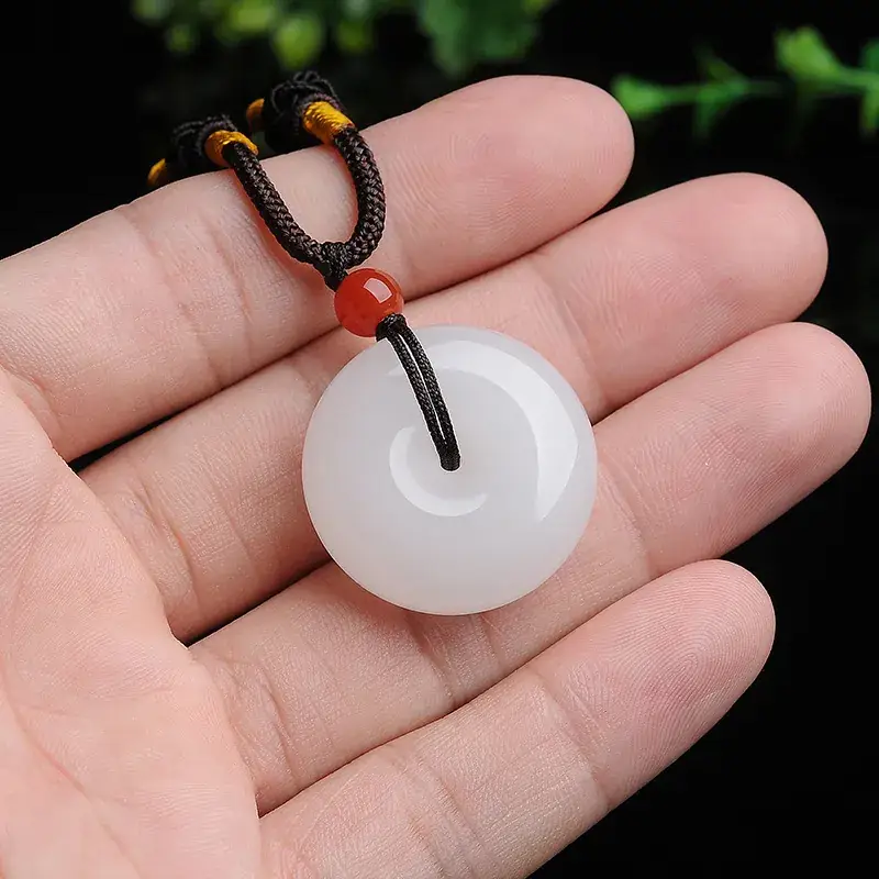 Xinjiang White Jade Peace Buckle Pendant Gold Silk