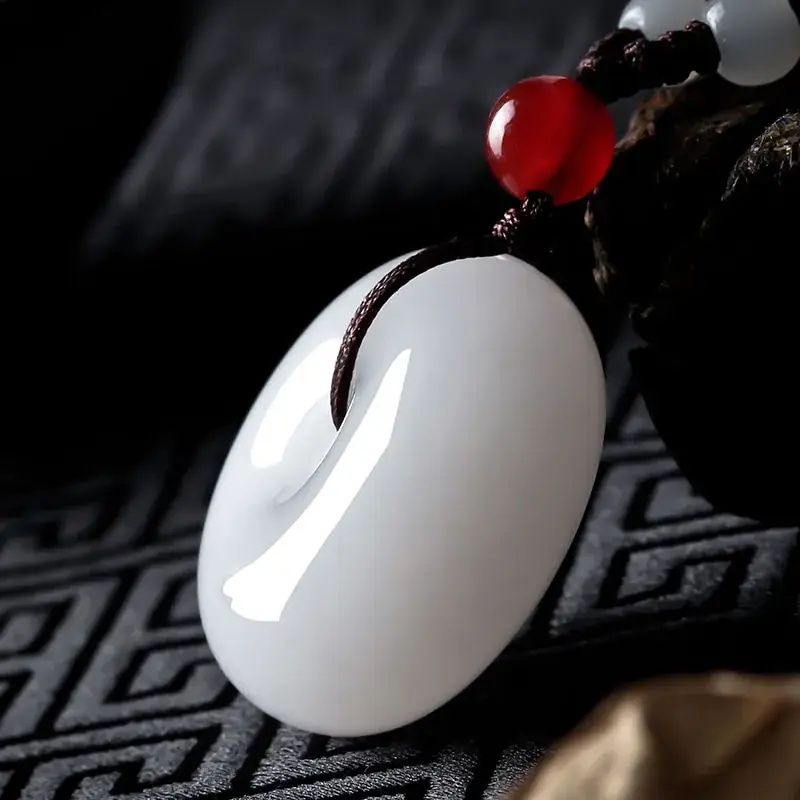 Xinjiang White Jade Peace Buckle Pendant Gold Silk