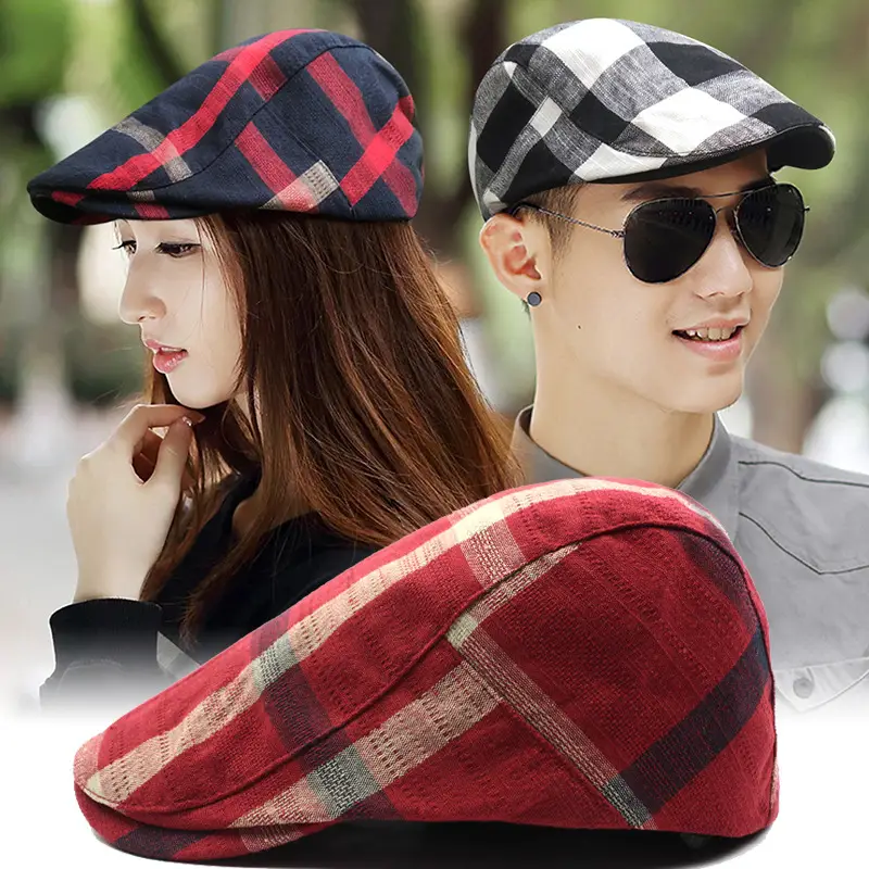 Men's Plaid Linen Beret Sun Hat Black - Image 17