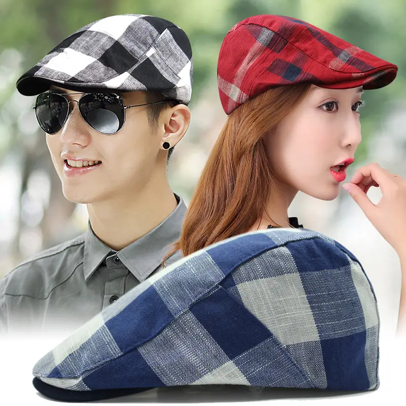 Men's Plaid Linen Beret Sun Hat Black - Image 18