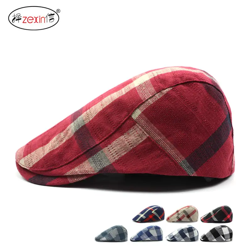 Men's Plaid Linen Beret Sun Hat Black - Image 19