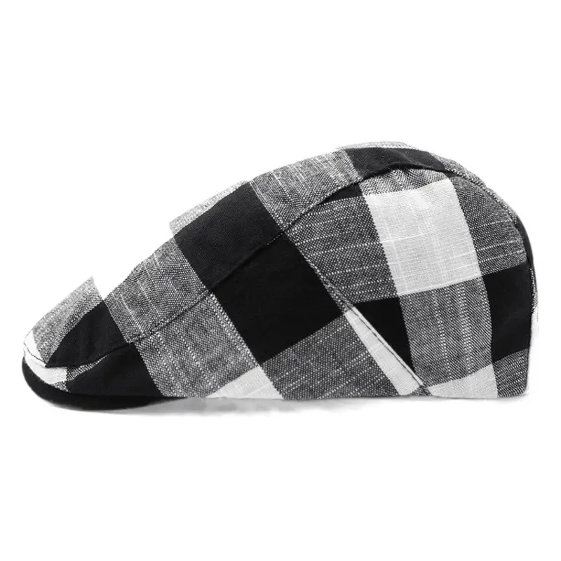 Men's Plaid Linen Beret Sun Hat Black