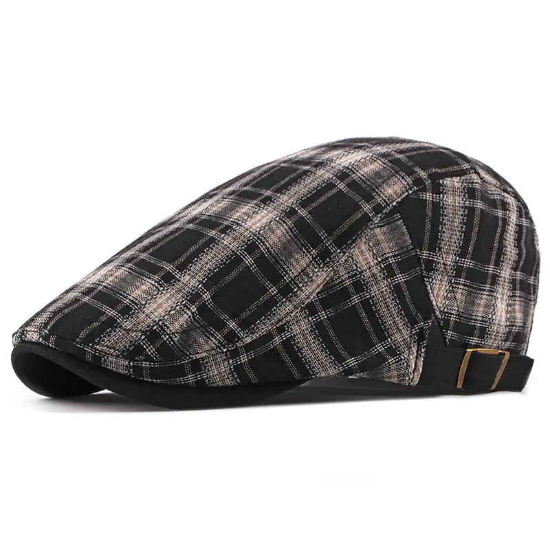 Men's Plaid Linen Beret Sun Hat Black - Image 9