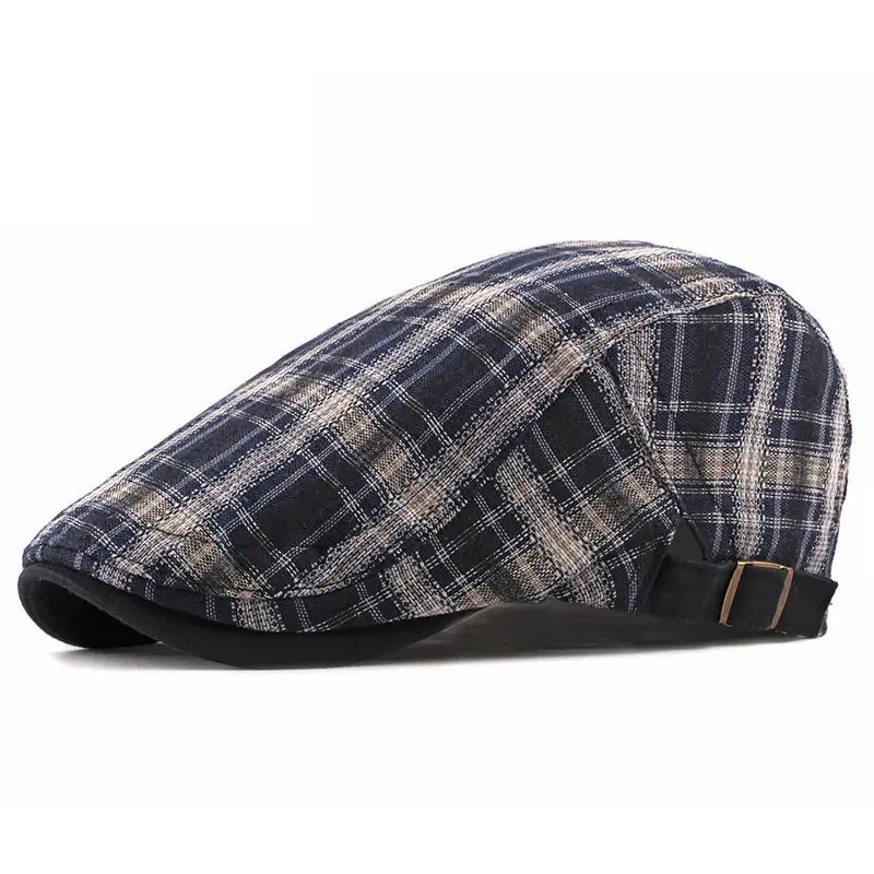 Men's Plaid Linen Beret Sun Hat Black - Image 10