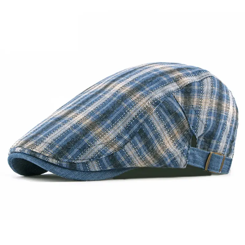 Men's Plaid Linen Beret Sun Hat Black - Image 11
