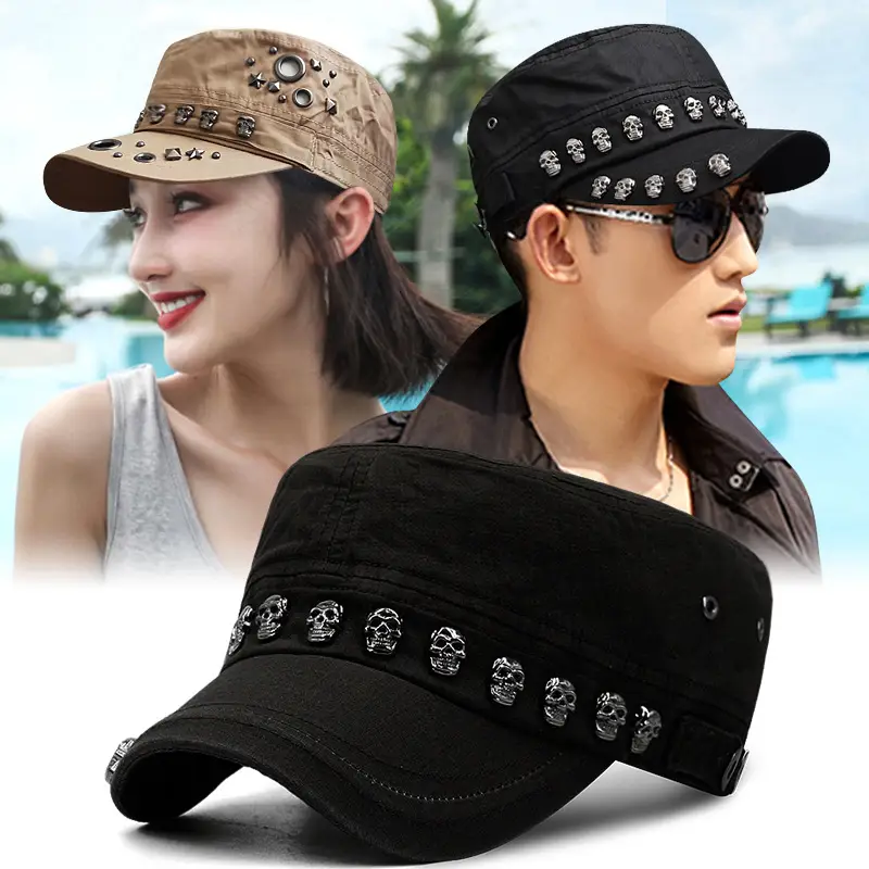 White Skull Rivet Flat Cap for Men Women Street Style