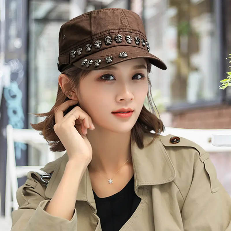 White Skull Rivet Flat Cap for Men Women Street Style