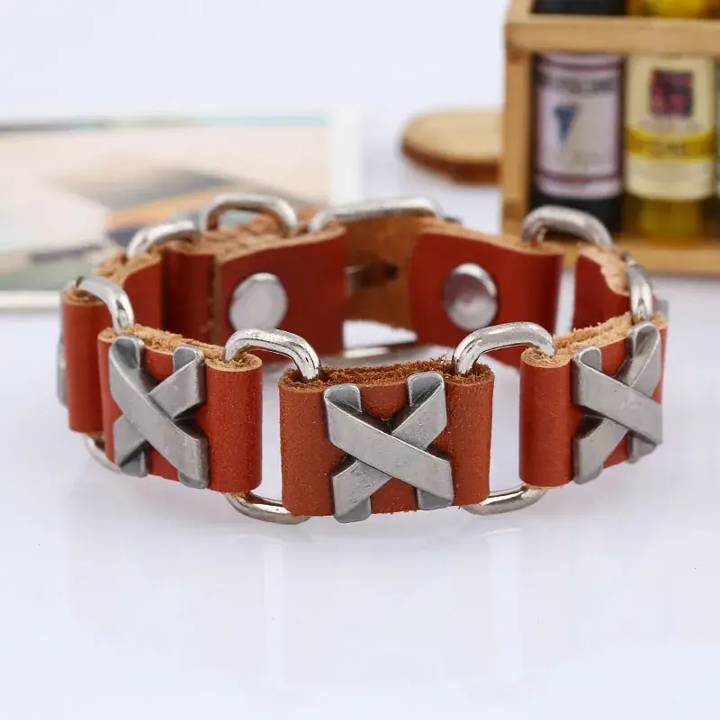 X Nail Link Cowhide Bracelet Adjustable Hip Hop Style - Image 3