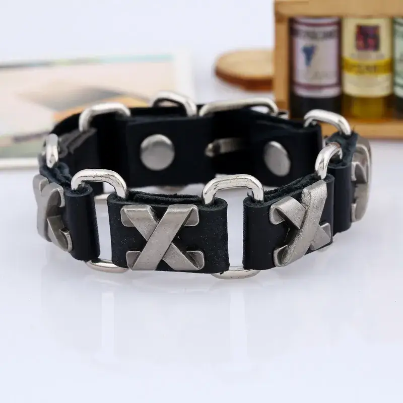 X Nail Link Cowhide Bracelet Adjustable Hip Hop Style - Image 4