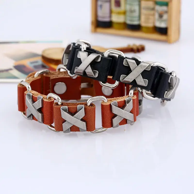 X Nail Link Cowhide Bracelet Adjustable Hip Hop Style - Image 5