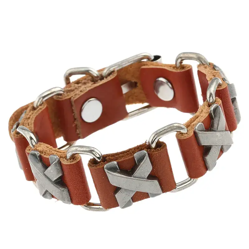 X Nail Link Cowhide Bracelet Adjustable Hip Hop Style - Image 2