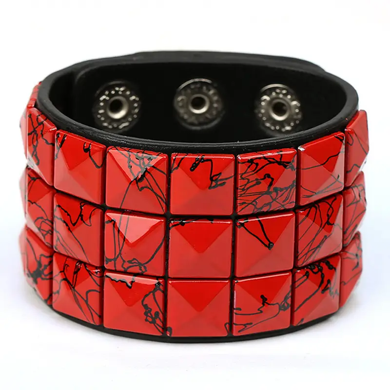 Pink 4-Sided Leather Quartet Nail Bracelet for Men - Image 12