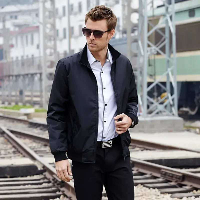 Men's Navy Blue Slim Fit Jacket with Collar - Image 4