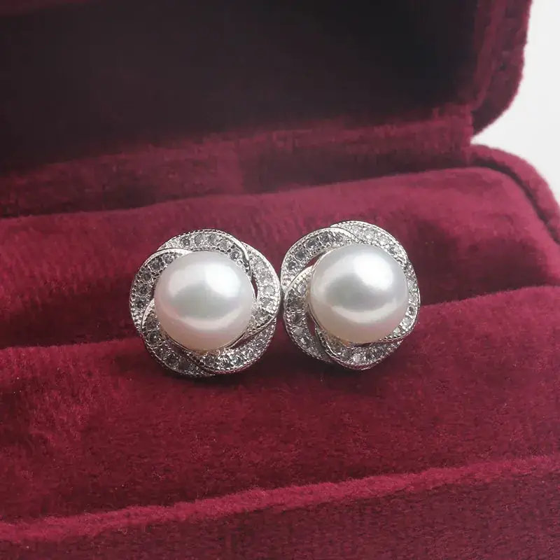 925 Silver Pearl Earrings with Diamond Set - Image 3