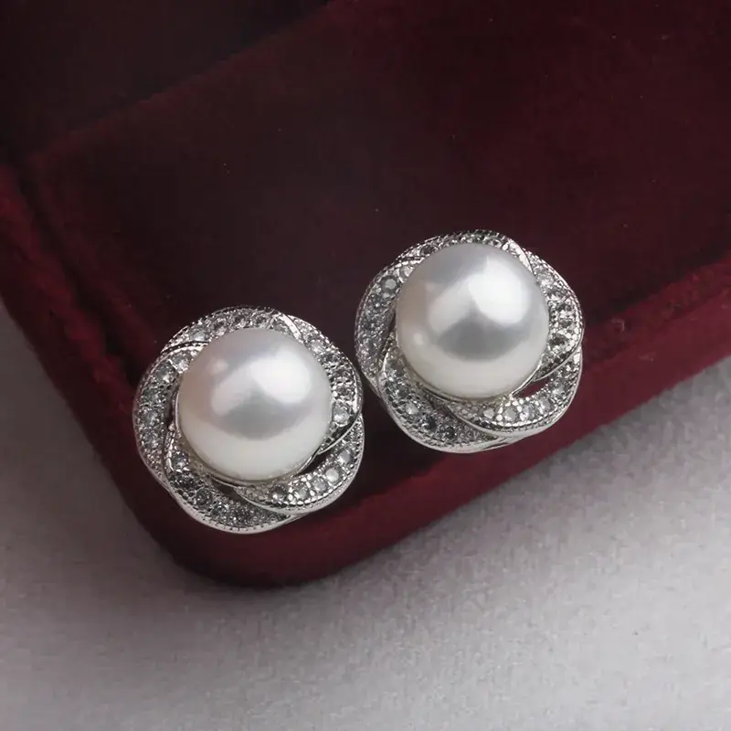 925 Silver Pearl Earrings with Diamond Set