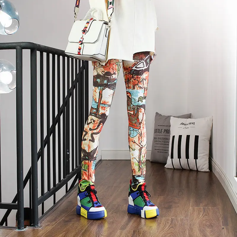 Women Printed Striped Leggings Slimming Yoga Cropped Pants