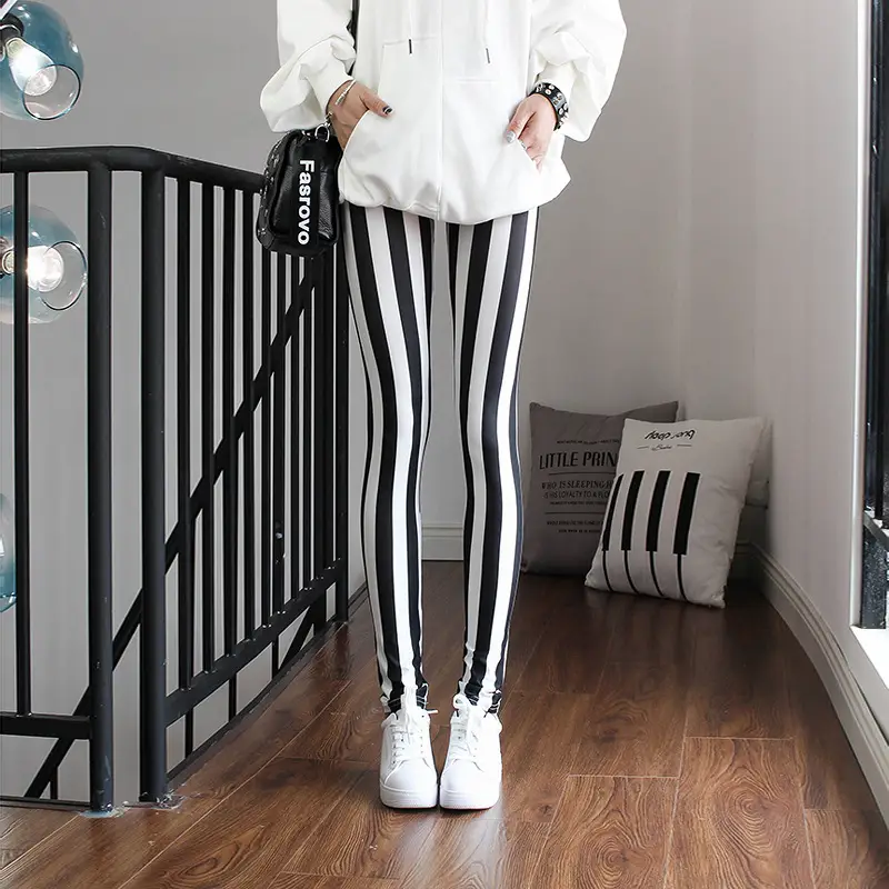 Women Printed Striped Leggings Slimming Yoga Cropped Pants