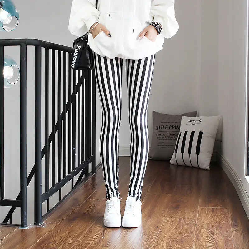 Women Printed Striped Leggings Slimming Yoga Cropped Pants