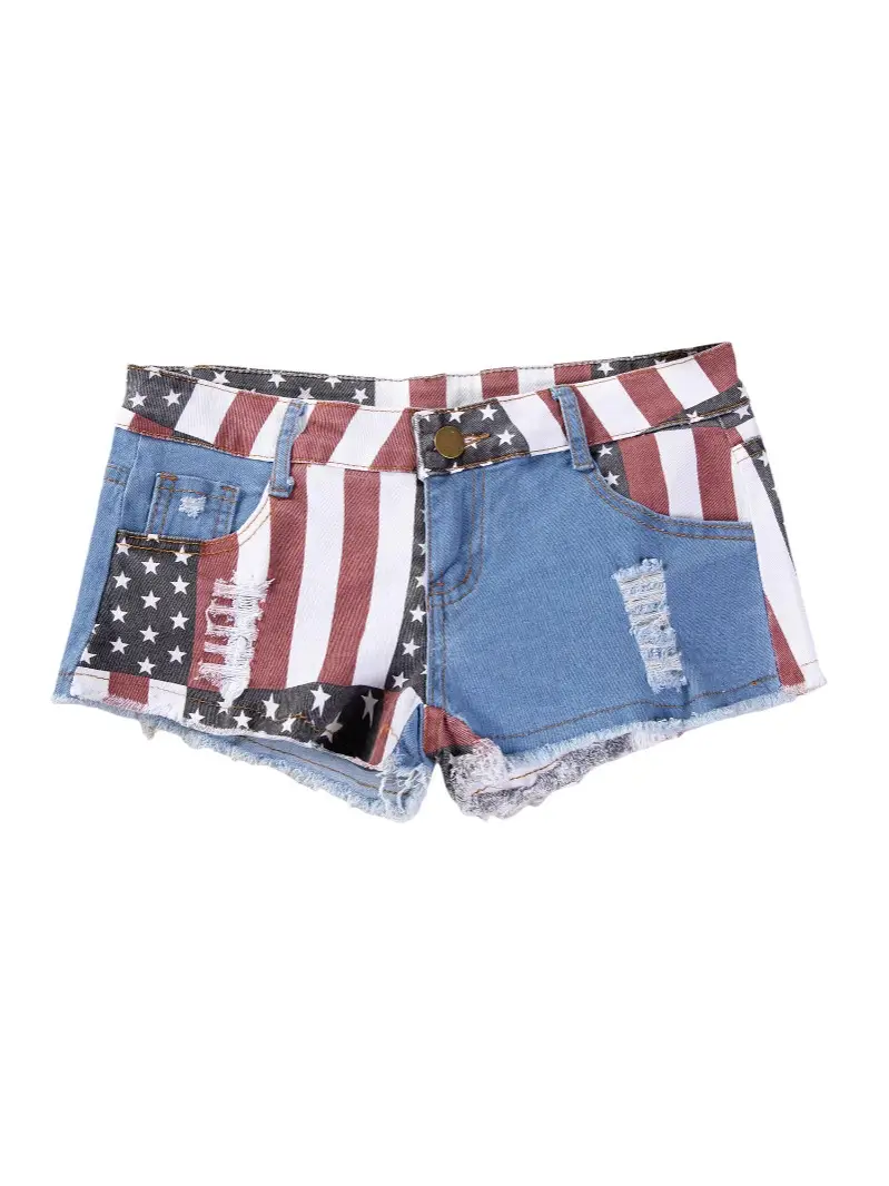 Women's American Flag Denim Shorts Low Waist Ripped - Image 4
