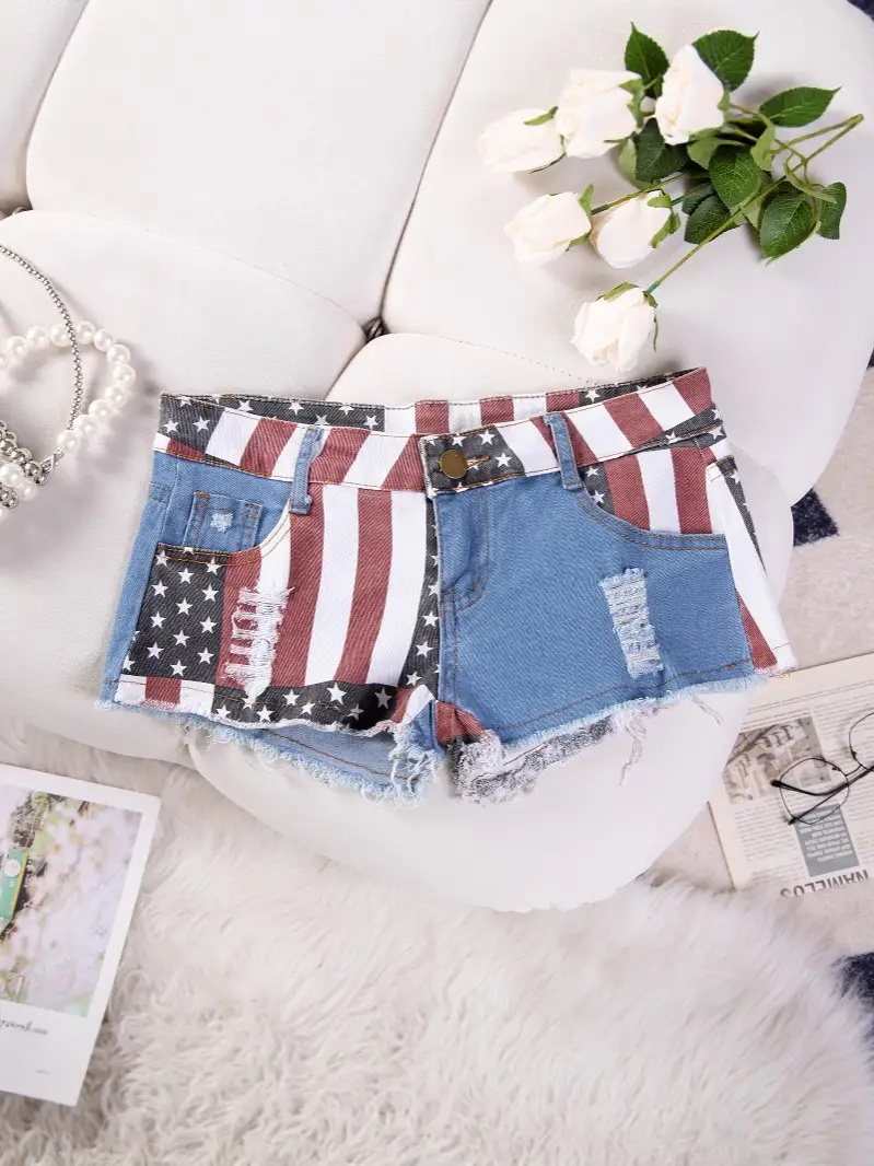 Women's American Flag Denim Shorts Low Waist Ripped - Image 6