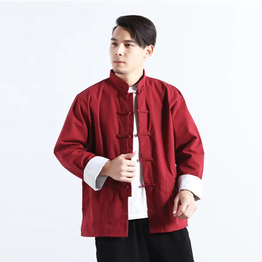 Men Linen Chinese Jacket Maroon Pajama Set - Image 7