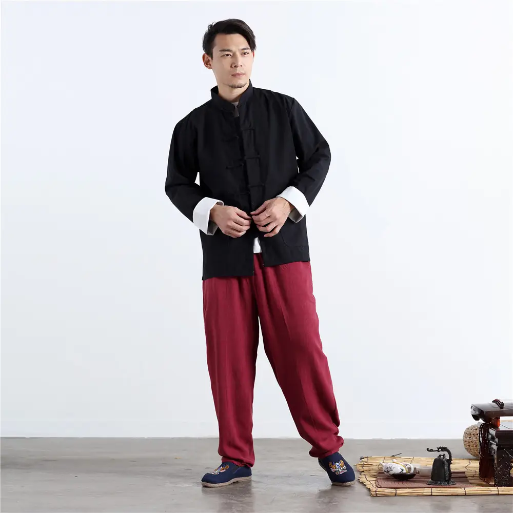 Men Linen Chinese Jacket Maroon Pajama Set - Image 10