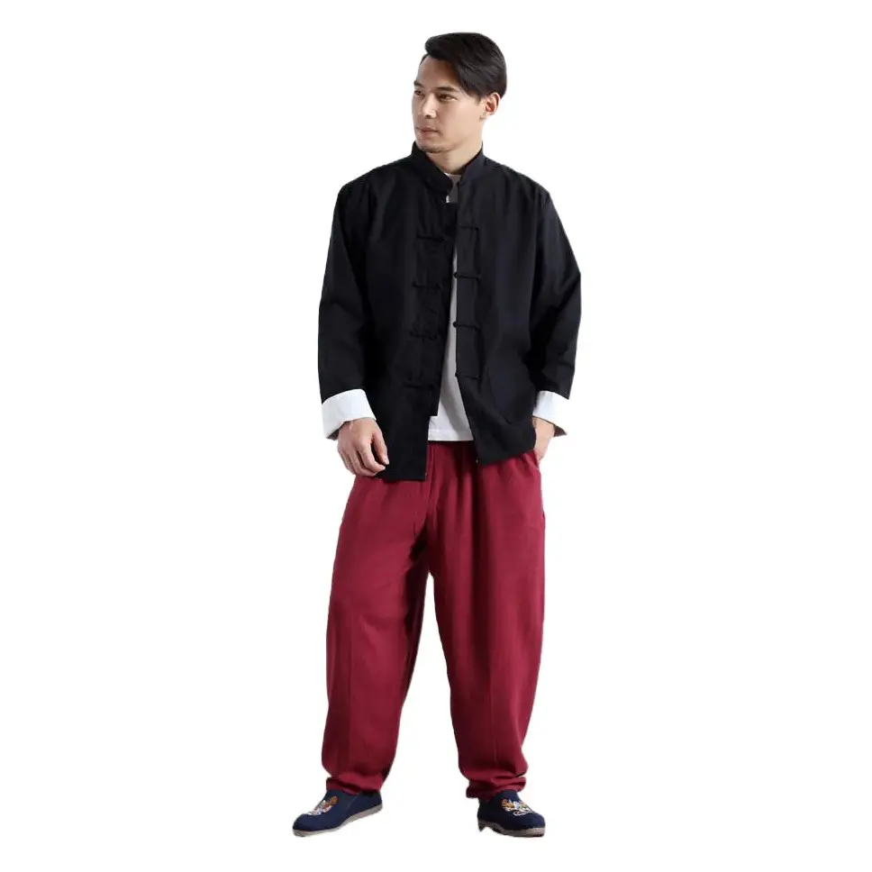 Men Linen Chinese Jacket Maroon Pajama Set