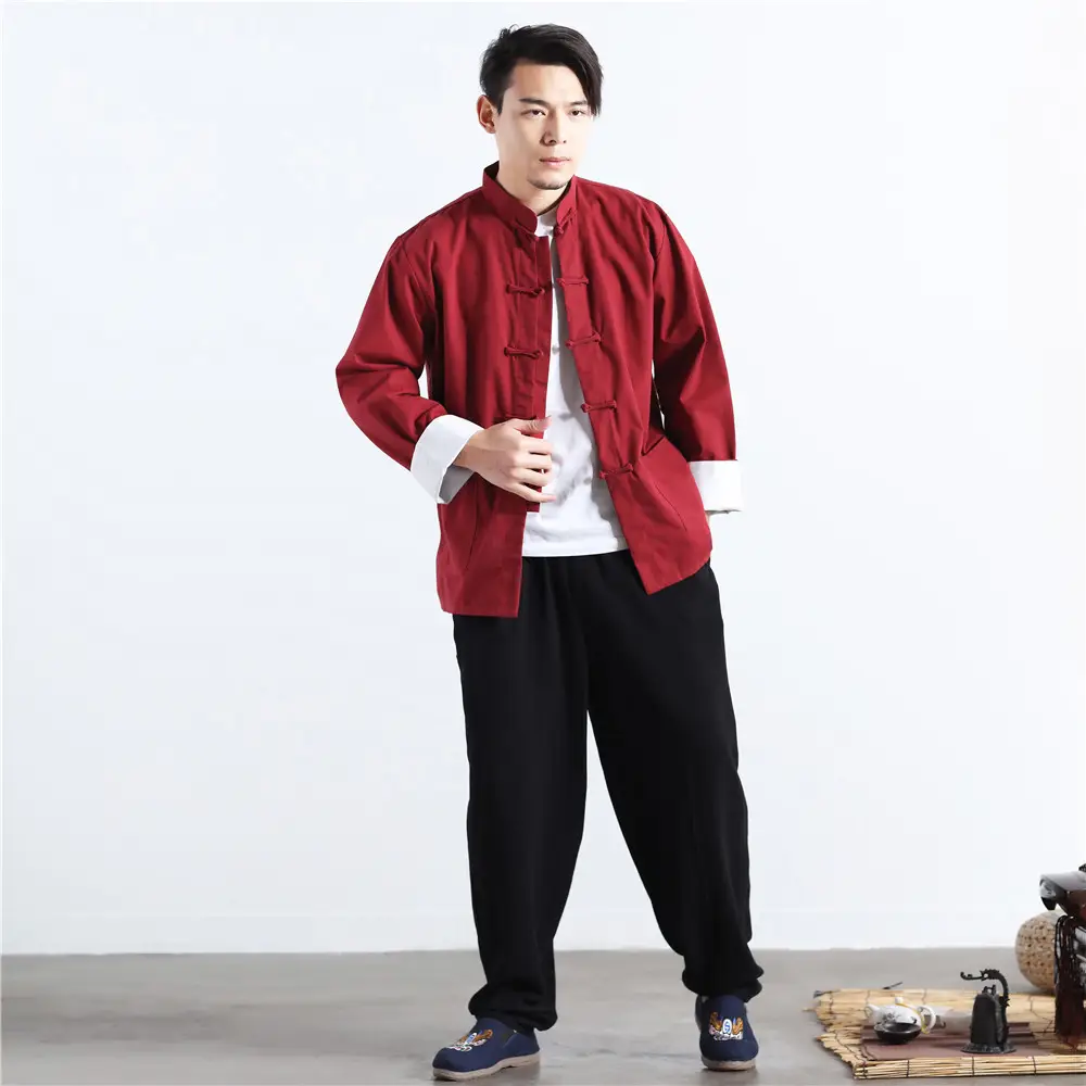 Men Linen Chinese Jacket Maroon Pajama Set - Image 6
