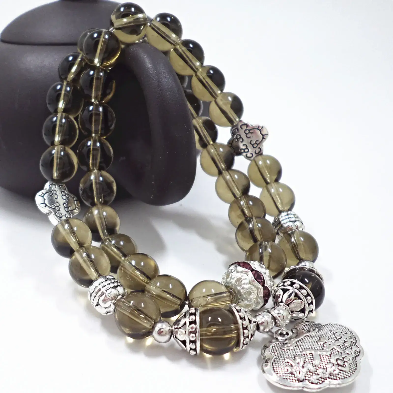 Black Crystal Beaded Bracelet with Silver Charm - Image 17