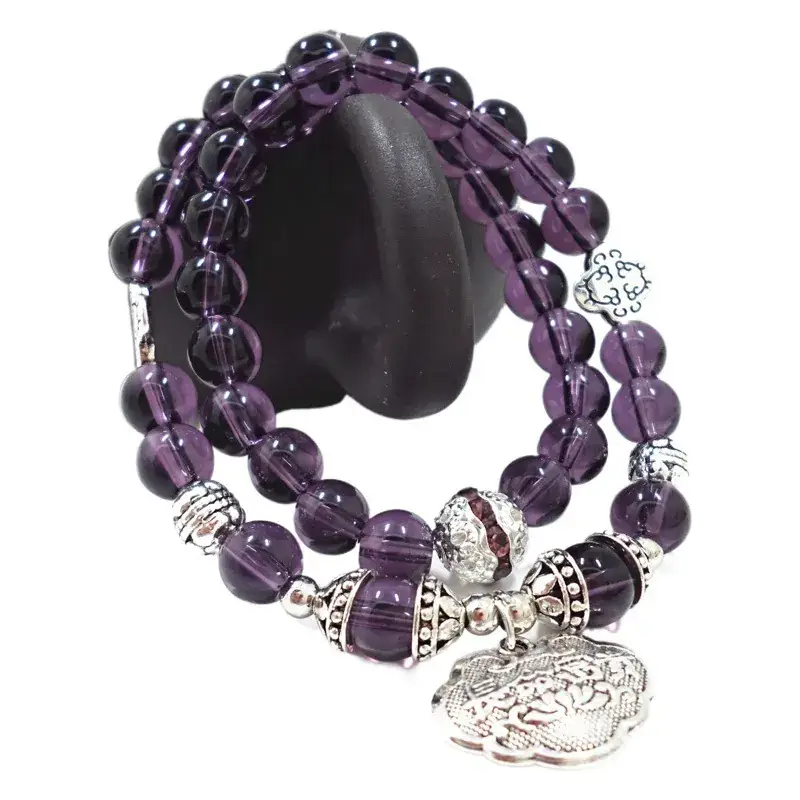 Black Crystal Beaded Bracelet with Silver Charm