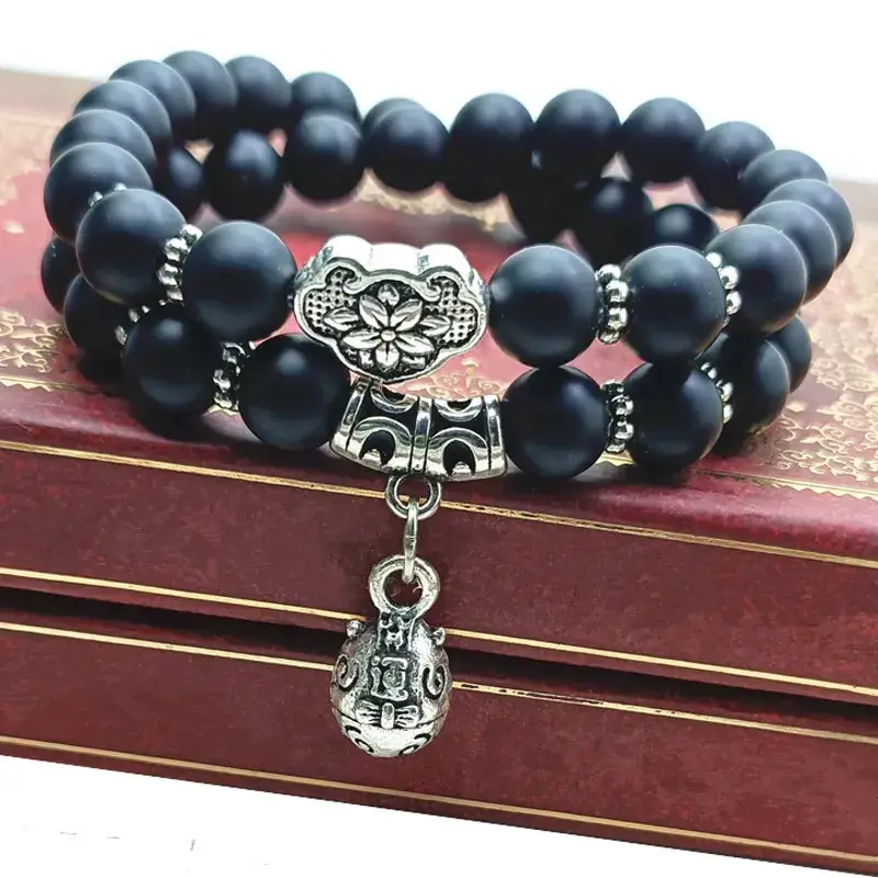 Black Crystal Beaded Bracelet with Silver Charm - Image 15