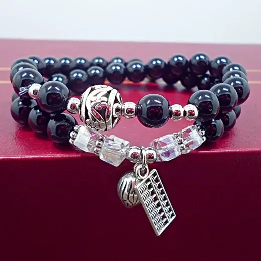 Black Crystal Beaded Bracelet with Silver Charm - Image 3