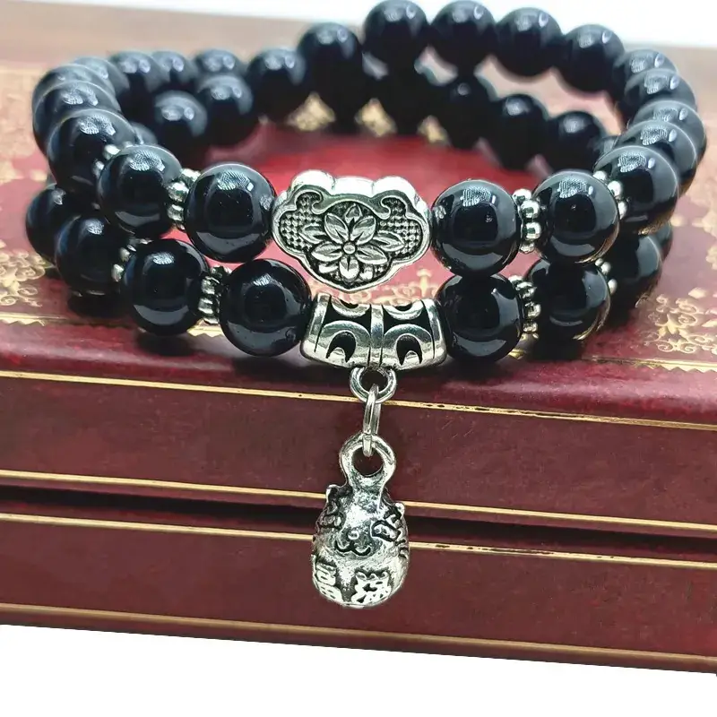 Black Crystal Beaded Bracelet with Silver Charm - Image 4