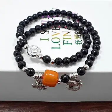 Black Crystal Beaded Bracelet with Silver Charm - Image 5