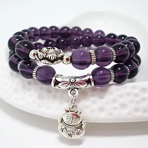 Black Crystal Beaded Bracelet with Silver Charm - Image 7
