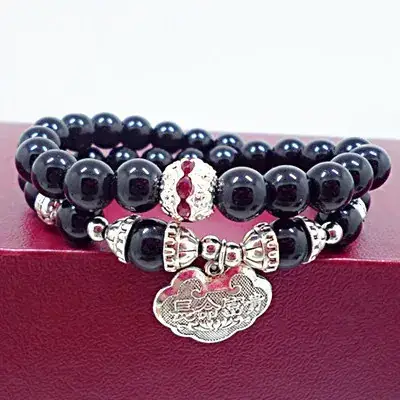 Black Crystal Beaded Bracelet with Silver Charm - Image 8