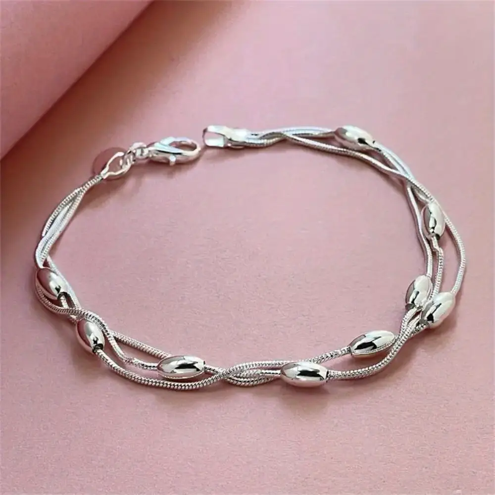 Silver 3-Line Light Bead Bracelet for Women - Image 3