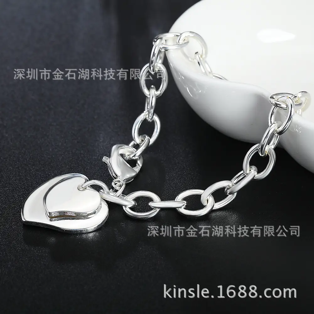 Double Heart Silver Plated Bracelet for Men Women