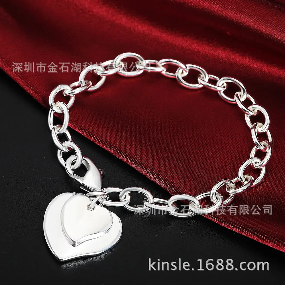 Double Heart Silver Plated Bracelet for Men Women