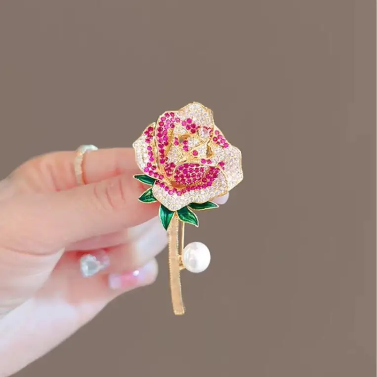 Vintage Rhinestone Rose Brooch for Women