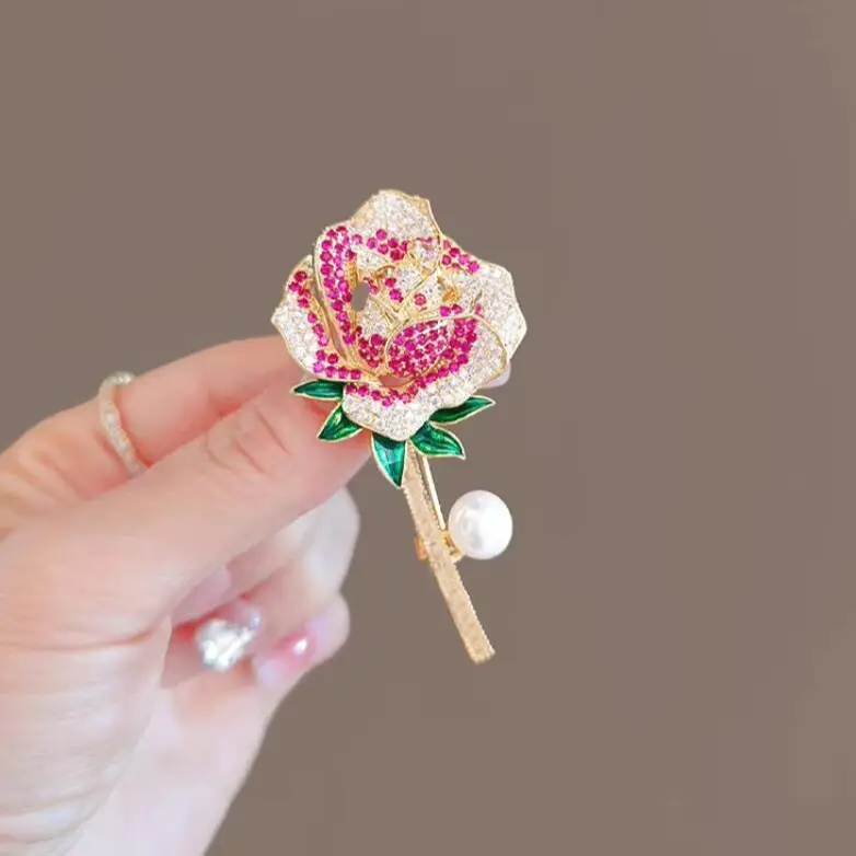 Vintage Rhinestone Rose Brooch for Women