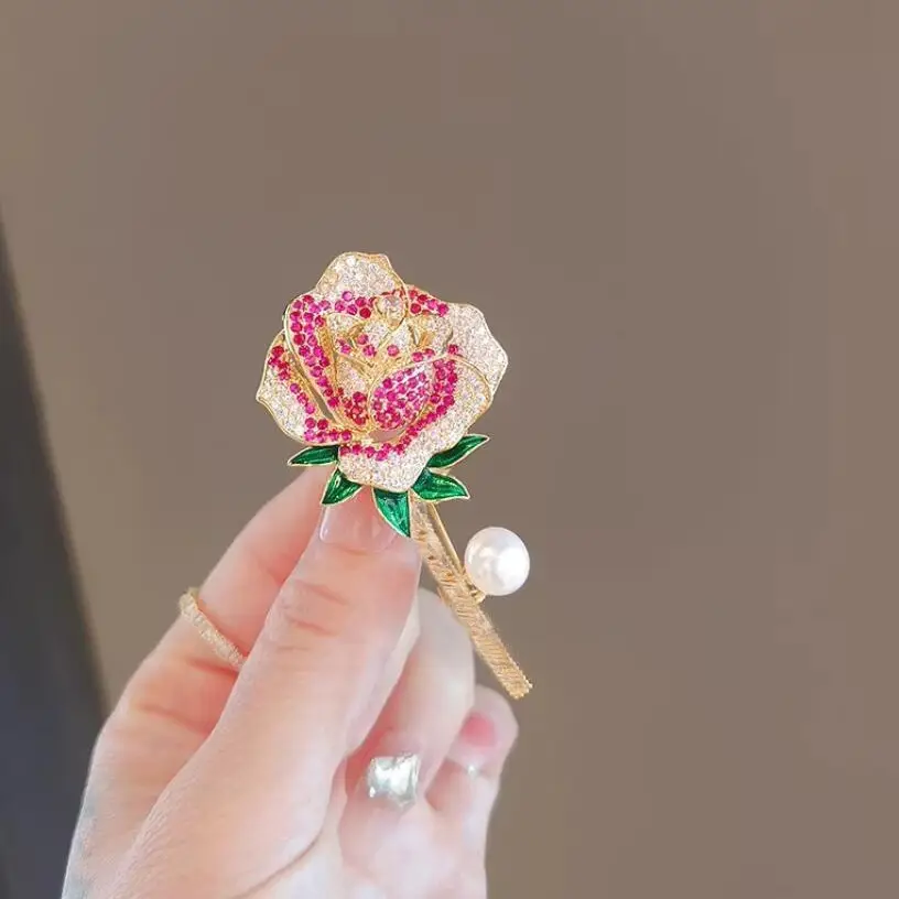 Vintage Rhinestone Rose Brooch for Women