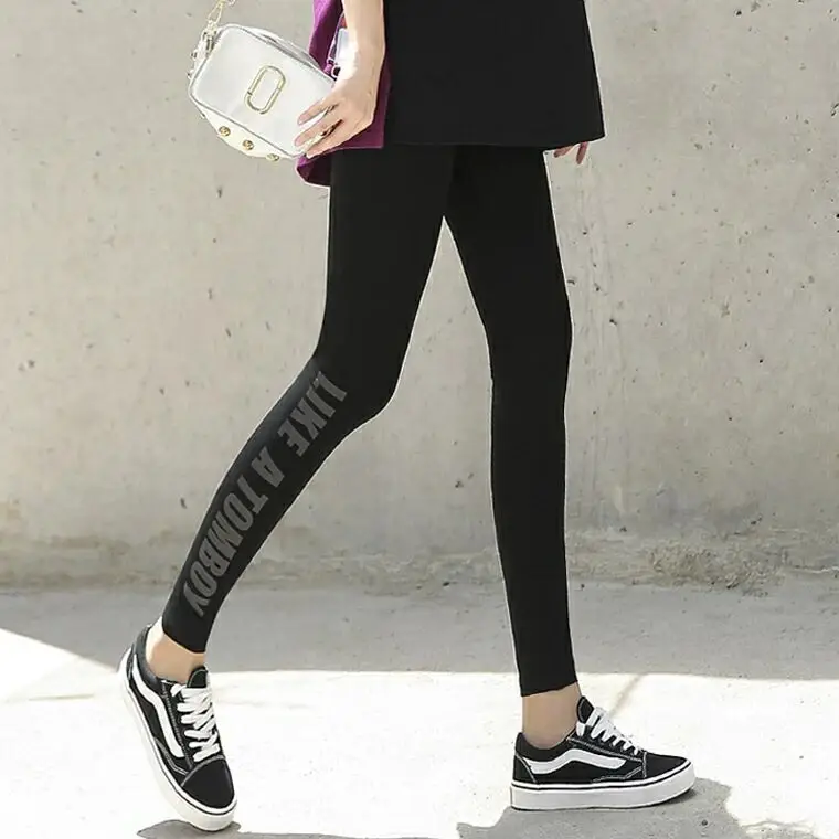 Women's Black Fleece Lined Letter Print Leggings - Image 2